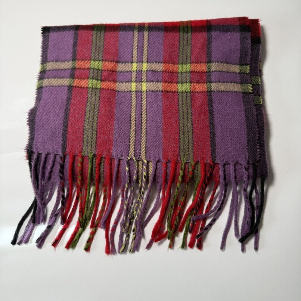 Cashmè Plaid Scarf Red Purple Green 66”x11” Made in Italy 100% Acrylic